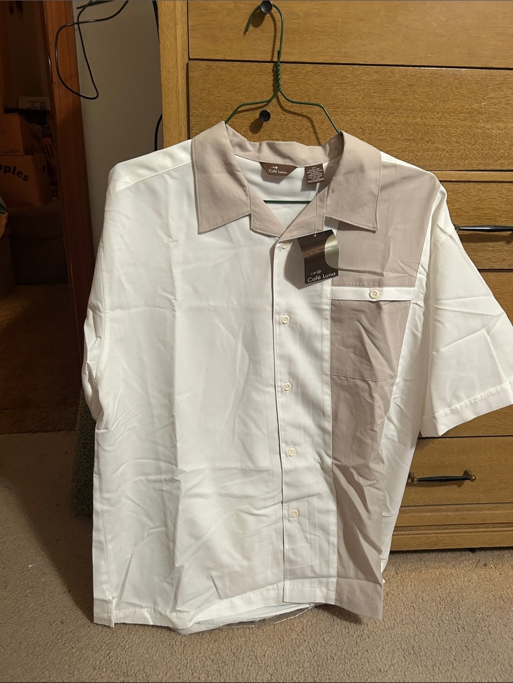 Café Luna Two-Tone Short Sleeve Button-Down Shirt - White & Light Taupe